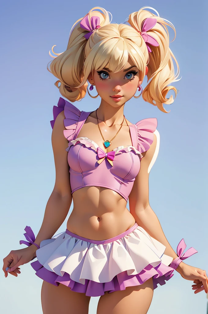 (best quality,4k,highres,ultra-detailed,realistic:1.2), woman, small breasts,short blond  hair with a pigtail and bangs,  flat abs, raimbow magical girl outfit, magical girl cosplay, manga cosplay, earrings , necklace out, fantasy manga