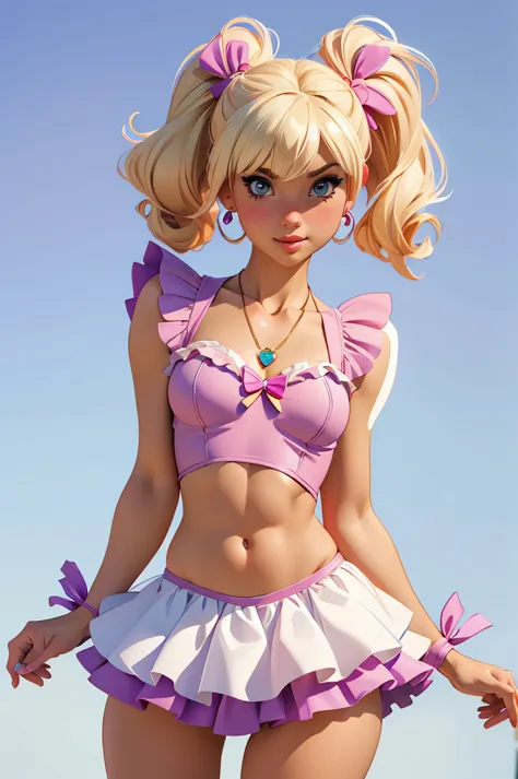 (best quality,4k,highres,ultra-detailed,realistic:1.2), woman, small breasts,short blond  hair with a pigtail and bangs,  flat a...