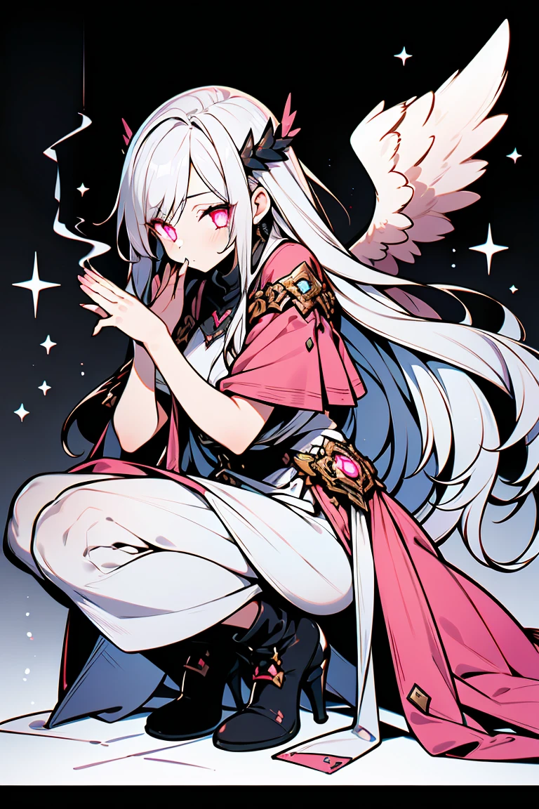 ((1 girl)), ((Angel)), smoking, bad, Rough poses, squat, neglect, fluffy, good, Untidy clothes, Shooting from a low angle,(Very detailed,highest quality, High resolution, Apathy, 8k wallpaper, Beautiful clothes,)),((Gray Hair, Long Hair,Straight hair)), eye shadow, eyeliner,Glow Eye, Very detailedな目, Beautiful Eyes, ((Glowing pink eyes)), 18-year-old girl,Five Fingers