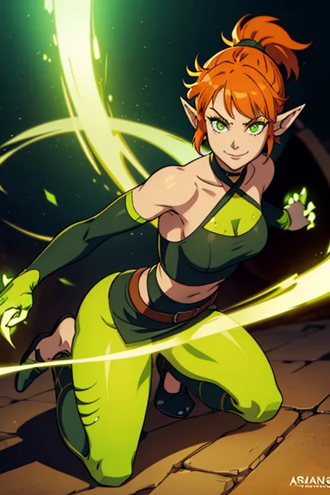 a woman, elf ears, ponytail hair, orange hair, short hair, glowing green eyes, assassin's clothing, claws, looking at viewer, ma...