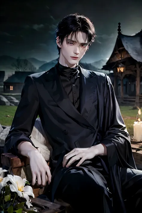 twilight, in the foreground is the face of a young man (18 years), tom riddle, beautiful face (pale skin, high cheekbones, black...