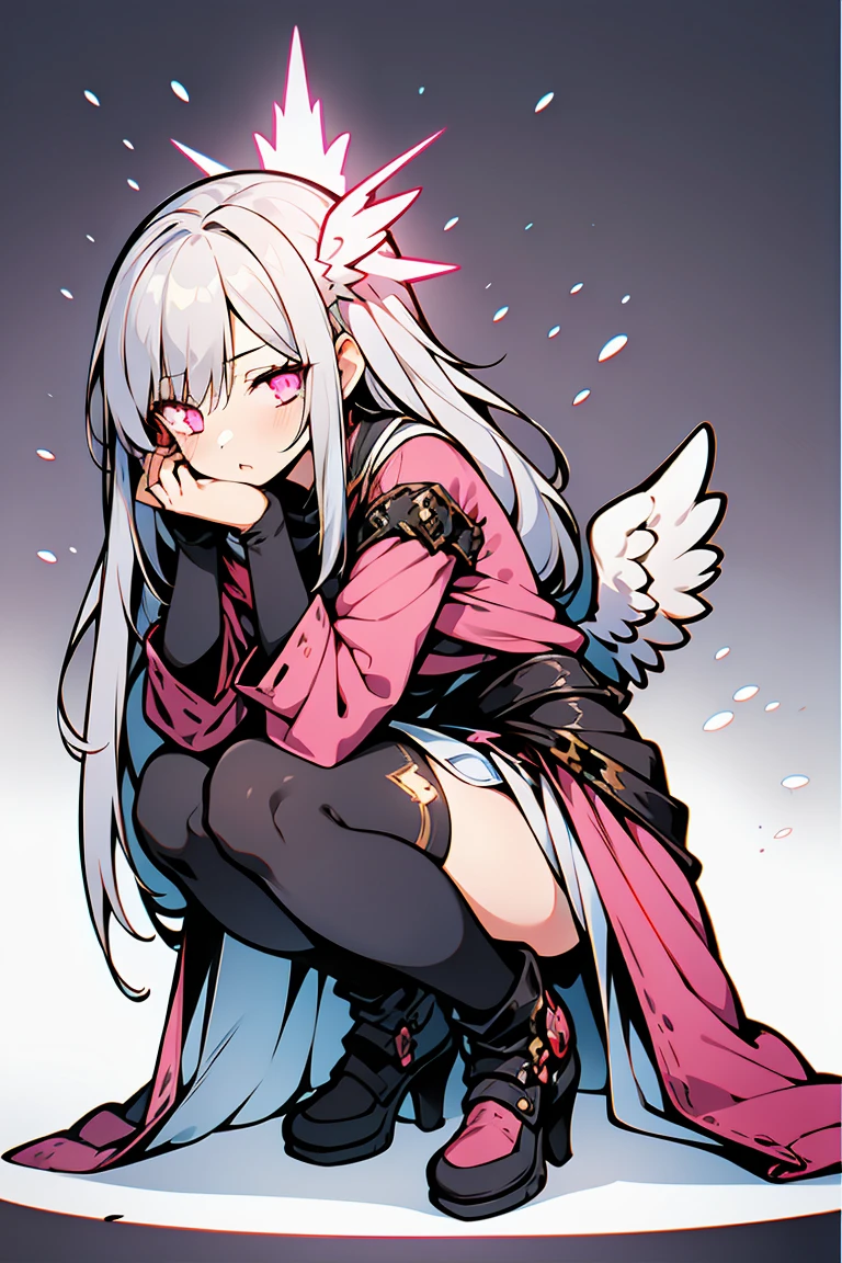 ((1 girl)), ((Angel)), bad, Rough poses, squat, Looks sleepy, neglect, fluffy, Untidy clothes, Shooting from a low angle,(Very detailed,highest quality, High resolution, Apathy, 8k wallpaper, Beautiful clothes,)),((Gray Hair, Long Hair,Straight hair)), eye shadow, eyeliner,Glow Eye, Very detailedな目, Beautiful Eyes, ((Glowing pink eyes)), 18-year-old girl,Five Fingers