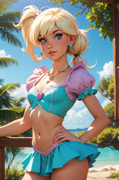 (best quality,4k,highres,ultra-detailed,realistic:1.2), woman, small breasts,short blond  hair with a pigtail and bangs,  flat a...