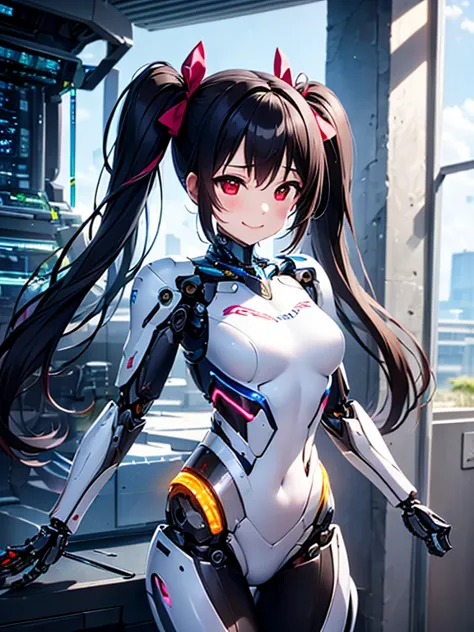 Niko in futuristic costume posing for photos_Yazawa, twin tails、smile、wearing futuristic white armor, Girl wearing mechanical cy...