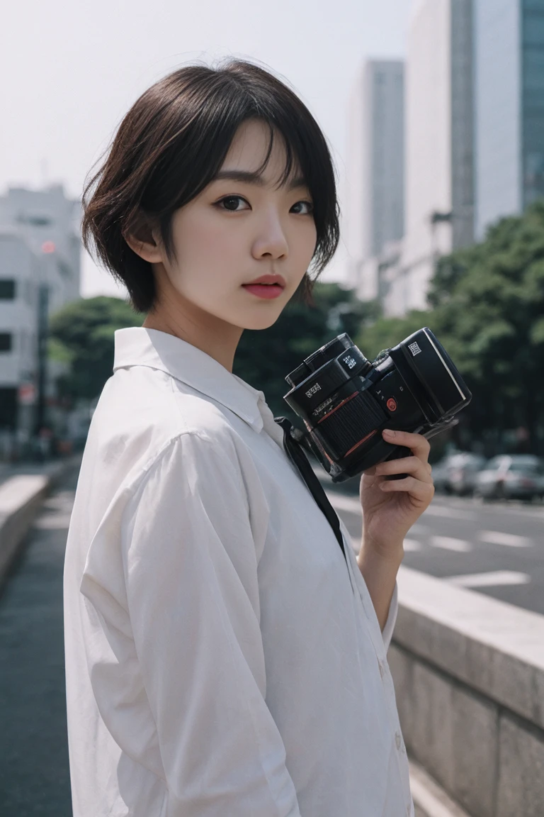 映画のような, ドキュメンタリー写真, 日本人モデル, 20～年齢 25, 上半身の写真, 現実的, 高いディテール, ARRIFLEX 35 BLカメラで撮影, キヤノン K35 プライムレンズ, 素晴らしい風景、ショートヘア、白のシャツ