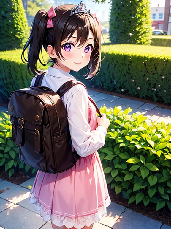 masterpiece, highest quality, Nico_Yazawa,High resolution, 1 girl, alone, brown hair, short hair, twin tails、purple eyes, cowboy shot, ruffle dress, tiara, pink dress, city, outdoors, garden, carrying a red school bag, (randoseru backpack:1.0)、Chibi cute:1.5