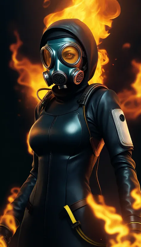 design a hybrid Maelstrom - a turbulent chaotic female force, extremely detailed, wearing a Gas mask and close Tight form-fittin...