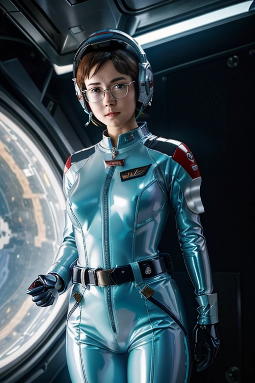 Beautiful woman、A space suit that fits perfectly、Hangar、Plump、Zero gravity space、Gundam、Normal Suit、Photorealistic、Masterpiece、4K resolution、Shiny latex、Slim glasses in the frame、Hold the helmet in your right hand、belt、short hair、Inside the spaceship、Adult women、NCO、