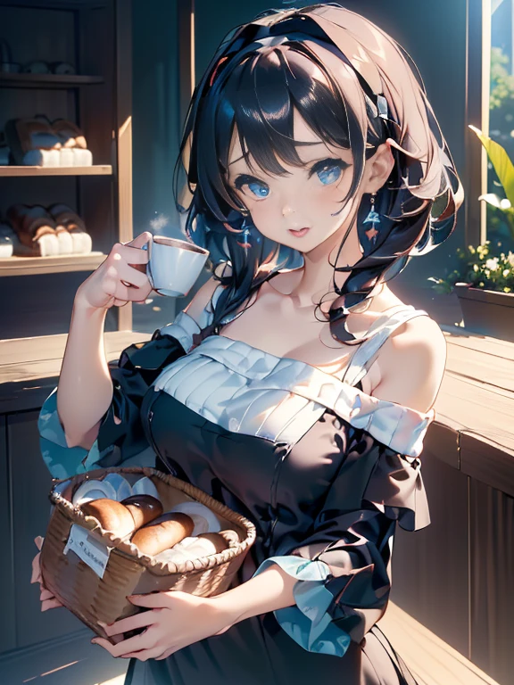 (perky chest:1.2), (pointed chest:1.2),(((Black Tunic:1.3))),(((cakes and bread in the basket),Cute and beautiful girl,Cute round face,Cute smile,with blush cheeks,Red Lip,solo, looking at viewer, open mouth, have a cute grass of cute beergrass,black hair, dark green eyes, dress, bare shoulders, jewelry, collarbone, sidelocks, hairband, earrings, indoors, off shoulder, sweater, arms behind back, plant, short hair with long locks, gild hairband, off-shoulder dress, sweater dress, off-shoulder sweater, black sweater, dark gord hair, big side hair, very long side hair,is rendered in (masterpiece: 1.2, best quality), with (ultra high resolution) and an exquisite (depth of field),(Bangs are see-through bangs),hair pin,hair adornments,detailed clothes features,Detailed hair features,detailed facial features,(Dynamic angles),(Dynamic and sexy poses),Cinematic Light,(masutepiece,top-quality,Ultra-high resolution) ,(The 8k quality,Anatomically accurate facial structure,),(Sea Art 2 Mode:1.3),(Image Mode Ultra HD) ,(Hold a coffee in your hand:1.3),delicate beautiful face, Bright blue eyes, cute eyes, sparkling eyes, Big eyes, (perky chest:1.1), (pointed chest:1.3), looking at viewer,
