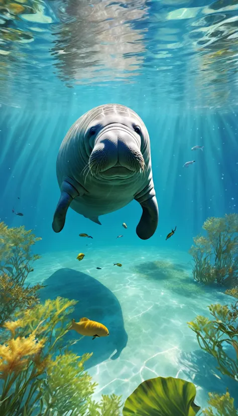 realistic art, kinematic, computer graphics, high-default, complete body, wide view, dynamic view, hd12k quality, a nice manatee...