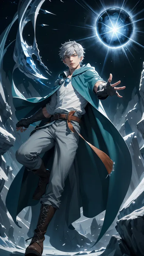 design 1wizard man throwing a ray of frost. 22 year old man with dark blue hood and cape.light gray hair gray eyes wearing a whi...