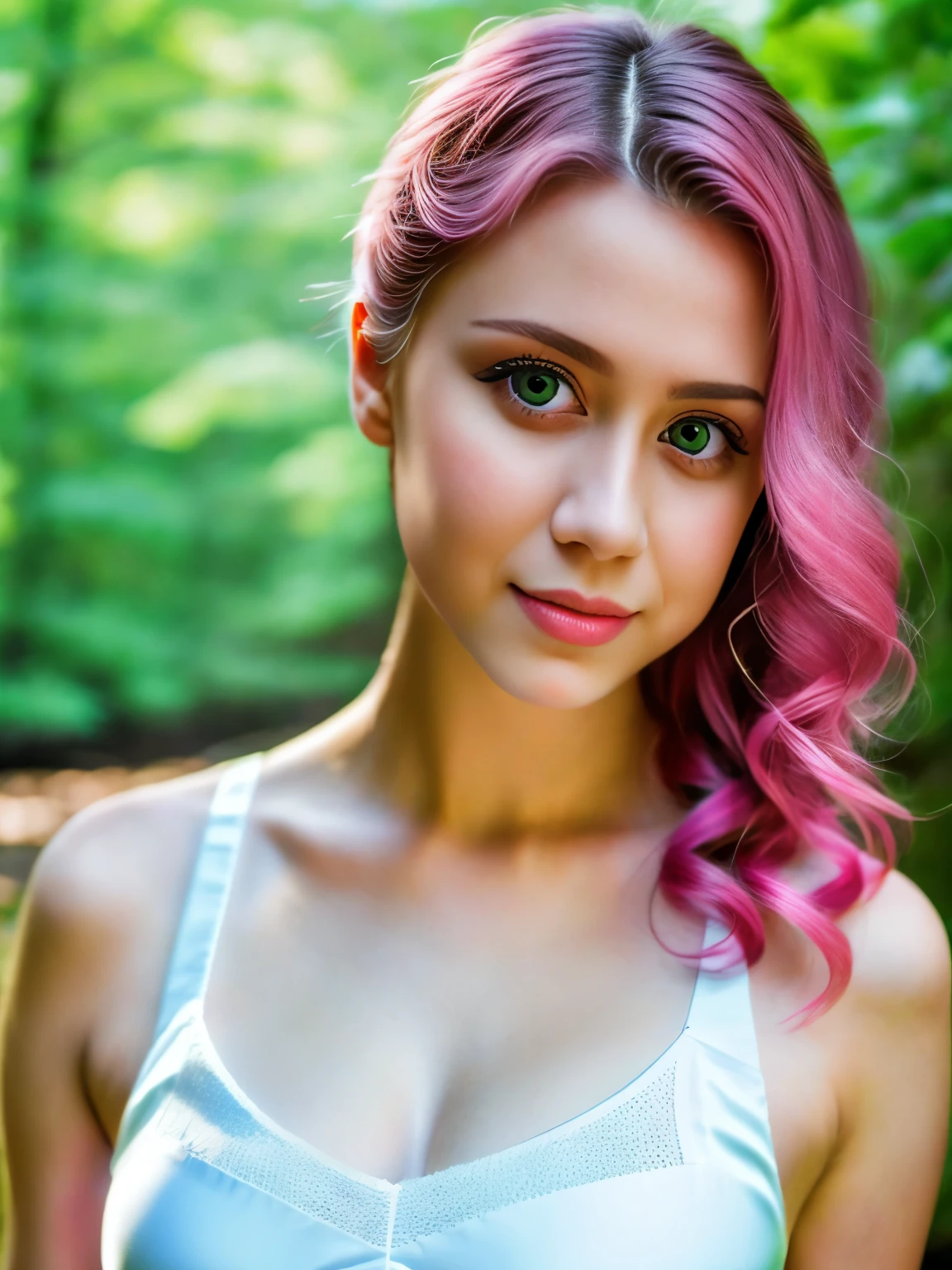 Photo of Ukrainian woman. Fits the face. 25 years old, sharp chin, raw photo, masterpiece, highly detailed photo, DSLR, photorealistic 3.9, ultra high resolution, top quality, pink lips, perfect makeup, big, bright green eyes, white