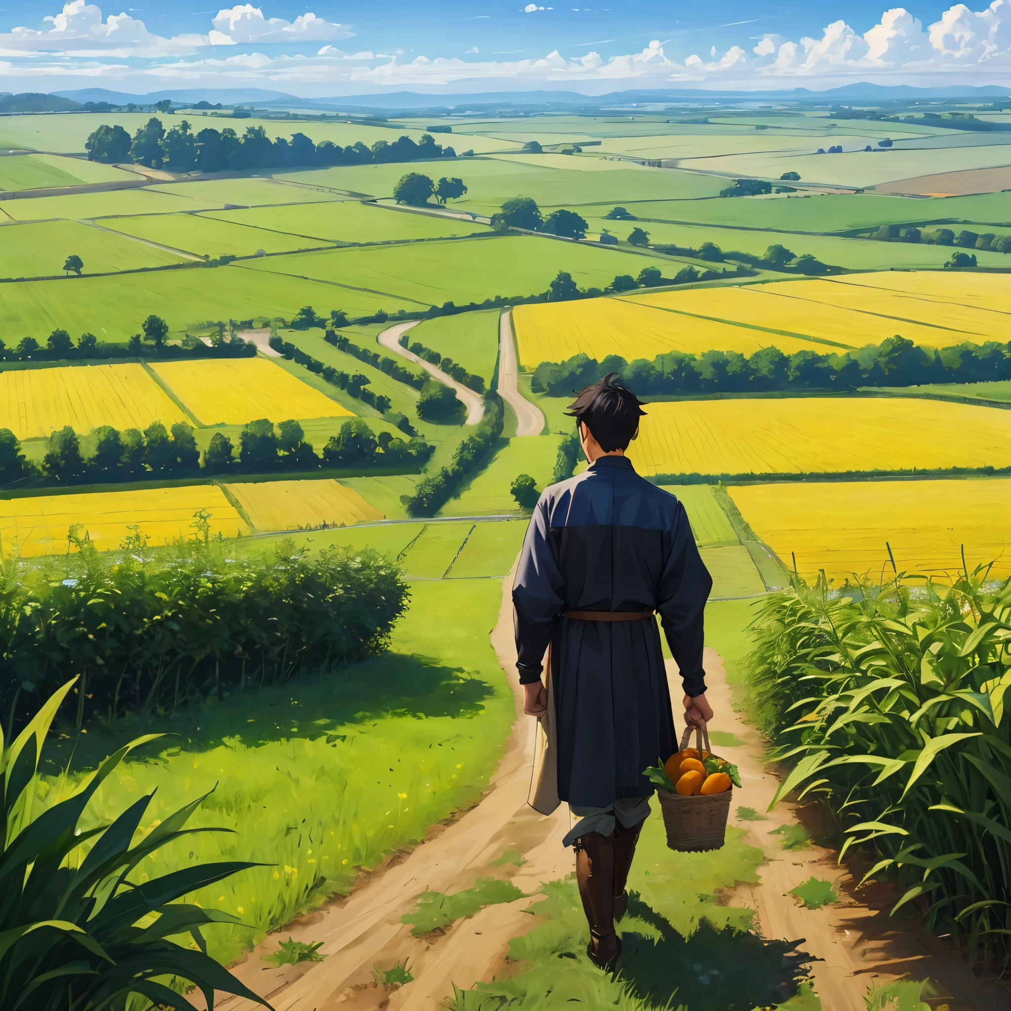 a wide cornfield with a black haired faceless boy walking back home with farmer medieval outfit, holding vegetables in the afternoon 