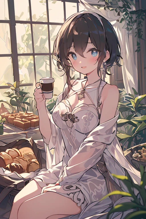 (perky chest:1.2), (pointed chest:1.2),(((Black Tunic:1.3))),(((cakes and bread in the basket),Cute and beautiful girl,Cute round face,Cute smile,with blush cheeks,Red Lip,solo, looking at viewer, open mouth, have a cute grass of cute beergrass,black hair, dark green eyes, dress, bare shoulders, jewelry, collarbone, sidelocks, hairband, earrings, indoors, off shoulder, sweater, arms behind back, plant, short hair with long locks, gild hairband, off-shoulder dress, sweater dress, off-shoulder sweater, black sweater, dark gord hair, big side hair, very long side hair,is rendered in (masterpiece: 1.2, best quality), with (ultra high resolution) and an exquisite (depth of field),(Bangs are see-through bangs),hair pin,hair adornments,detailed clothes features,Detailed hair features,detailed facial features,(Dynamic angles),(Dynamic and sexy poses),Cinematic Light,(masutepiece,top-quality,Ultra-high resolution) ,(The 8k quality,Anatomically accurate facial structure,),(Sea Art 2 Mode:1.3),(Image Mode Ultra HD) ,(Hold a coffee in your hand:1.3),delicate beautiful face, Bright blue eyes, cute eyes, sparkling eyes, Big eyes, (perky chest:1.1), (pointed chest:1.3), looking at viewer,
