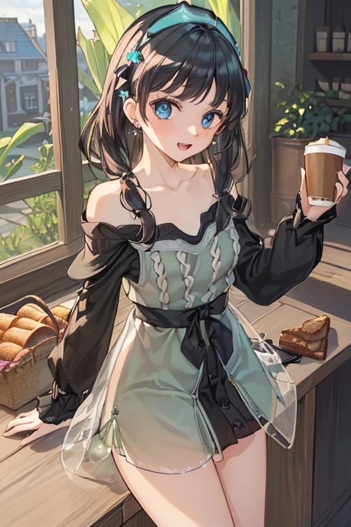 (perky chest:1.2), (pointed chest:1.2),(((Black Tunic:1.3))),(((cakes and bread in the basket),Cute and beautiful girl,Cute round face,Cute smile,with blush cheeks,Red Lip,solo, looking at viewer, open mouth, have a cute grass of cute beergrass,black hair, dark green eyes, dress, bare shoulders, jewelry, collarbone, sidelocks, hairband, earrings, indoors, off shoulder, sweater, arms behind back, plant, short hair with long locks, gild hairband, off-shoulder dress, sweater dress, off-shoulder sweater, black sweater, dark gord hair, big side hair, very long side hair,is rendered in (masterpiece: 1.2, best quality), with (ultra high resolution) and an exquisite (depth of field),(Bangs are see-through bangs),hair pin,hair adornments,detailed clothes features,Detailed hair features,detailed facial features,(Dynamic angles),(Dynamic and sexy poses),Cinematic Light,(masutepiece,top-quality,Ultra-high resolution) ,(The 8k quality,Anatomically accurate facial structure,),(Sea Art 2 Mode:1.3),(Image Mode Ultra HD) ,(Hold a coffee in your hand:1.3),delicate beautiful face, Bright blue eyes, cute eyes, sparkling eyes, Big eyes, (perky chest:1.1), (pointed chest:1.3), looking at viewer,
