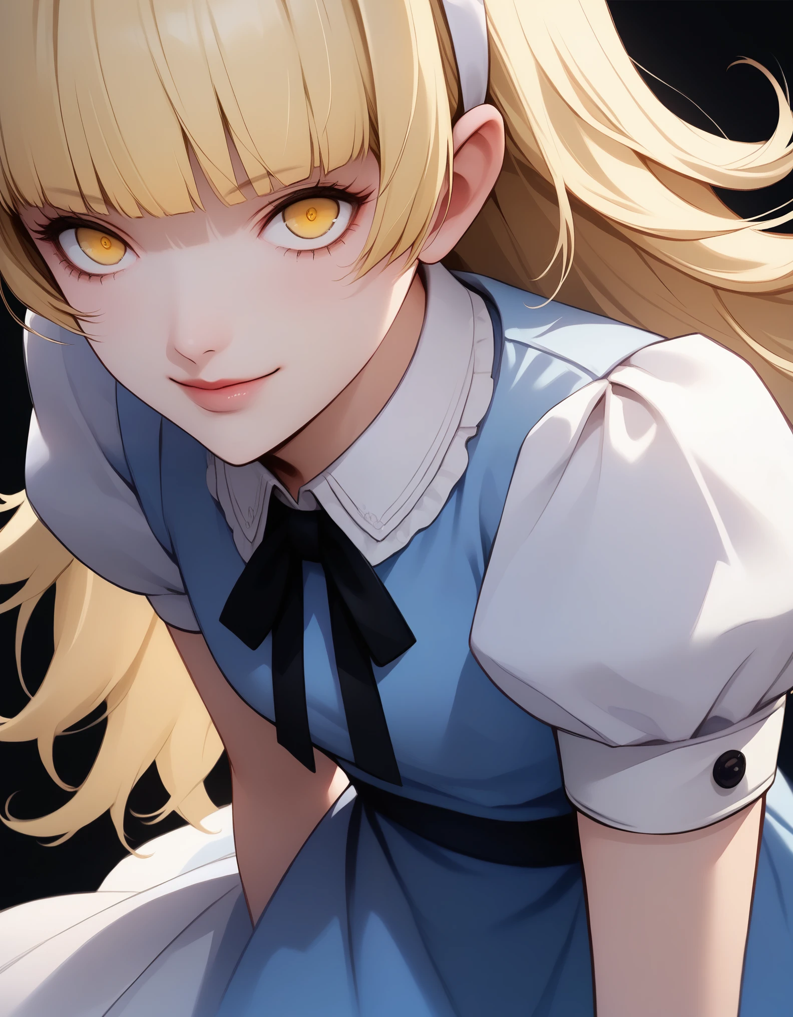score_9, score_8_up, score_7_up, source_anime BREAK 1girl, solo, alicesmt, dress, long hair, blonde hair, white hairband, blunt bangs, puffy sleeves,dark blue dress, yellow eyes, smile, black background,  leaning forward, close-up of breasts, dress lift, white stockings,