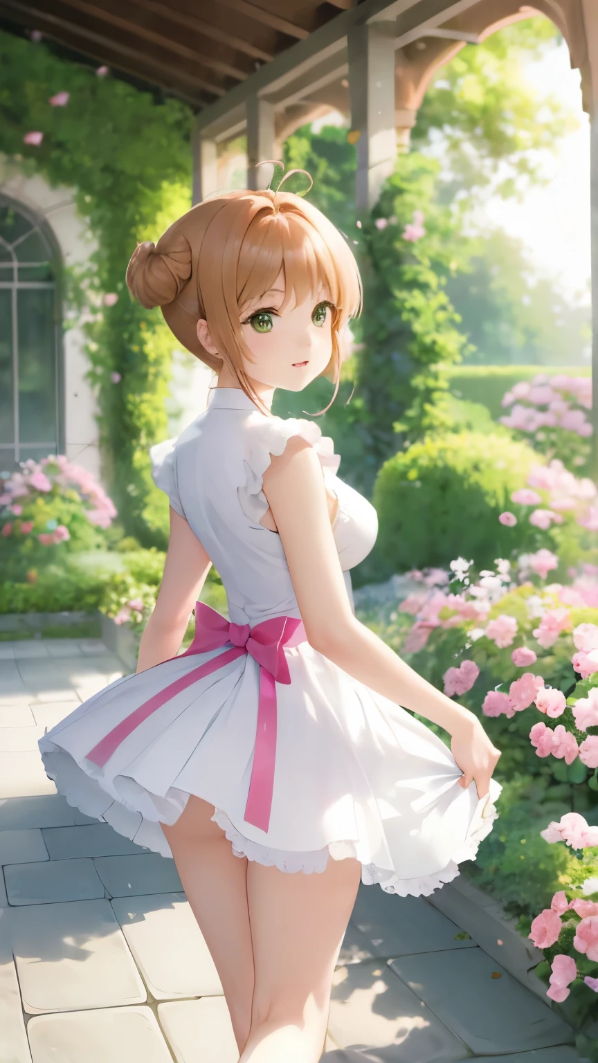 Delicate Composition, hyper detailed, best quality, blurry foreground, dynamic view, 1 girl, (seductive smile:0.6), solo, large breasts, hair in takes, beautiful detailed garden, fluttered detailed petal, grow, (white fishnets), kinomoto sakura, standing, (looking back at viewer), (miniskirt)