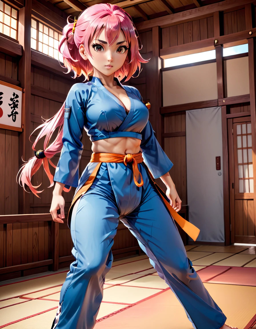 anime de aventuras, cinematográfico, Muy detallado, alto valor predeterminado, cuerpo completo, vista dinámica, calidad HD12K, Guau! una chica con cabello rosado, pechos grandes, Caderas anchas, practicando karate, traje azul claro, más sexy, ajustado, naranja, descalzo, conteniendo su ansiedad mientras muestra kata en un dojo,