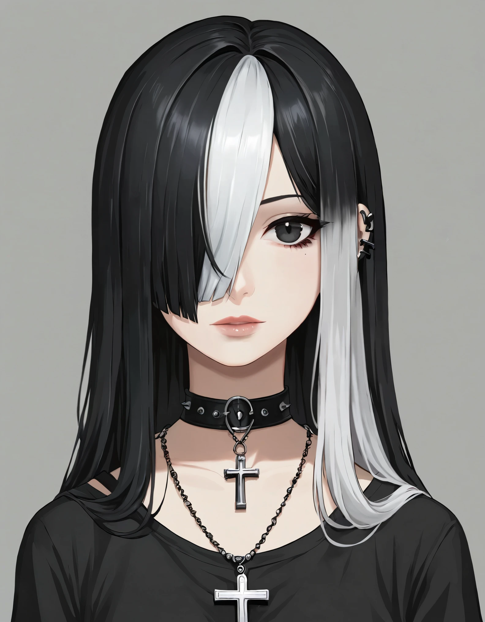 (masterpiece, high detail, high quality, best quality, detailed), Goth girl, 1girl,solo,long hair,looking at viewer,simple background,black hair, jewelry,white hair,multicolored hair,choker,black eyes,grey background,necklace,(hair over one eye),two-tone hair,cross,portrait