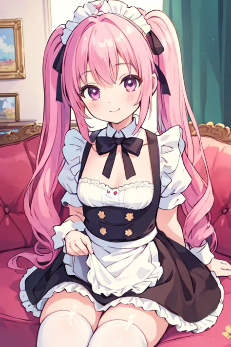 (best quality, masterpiece:1.2), illustrations, a cute girl, early teens, very lovingly face, twintails, pink hair, maid wear, s...