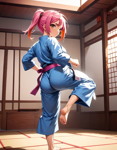 Adventure anime, cinematic, very detailed, high-default, complete body, dynamic back view, quality HD12K, A girl with pink hair,...