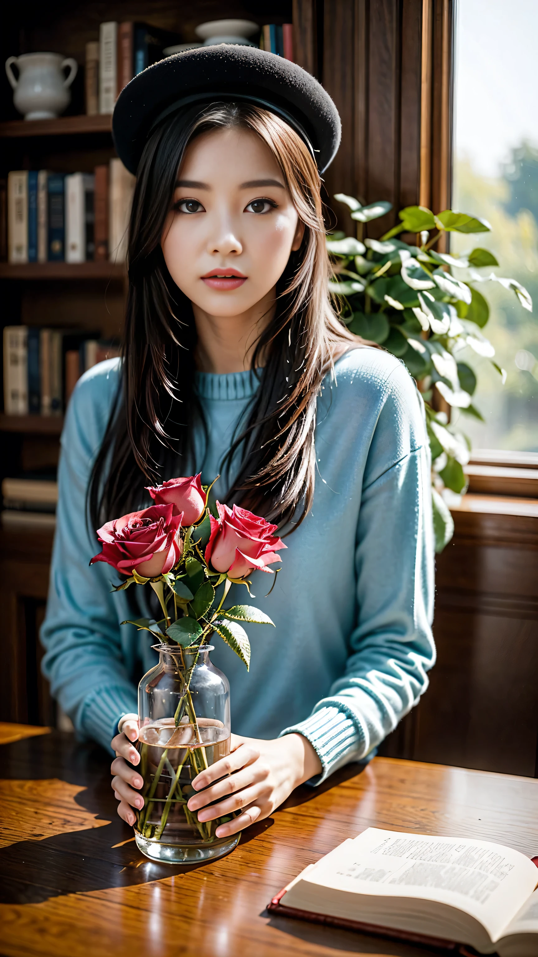 (最high quality, 8K, tabletop, Ultra HD), (photorealistic), , (sharp focus), ((highest resolution)), ((1 girl: 1.3)) 20 years old, architecture, book, bookshelf, bowlcandle, flower, hat, indoors, long, hair, red, flower, red rose, rose scenery, scroll, table, vase, window,