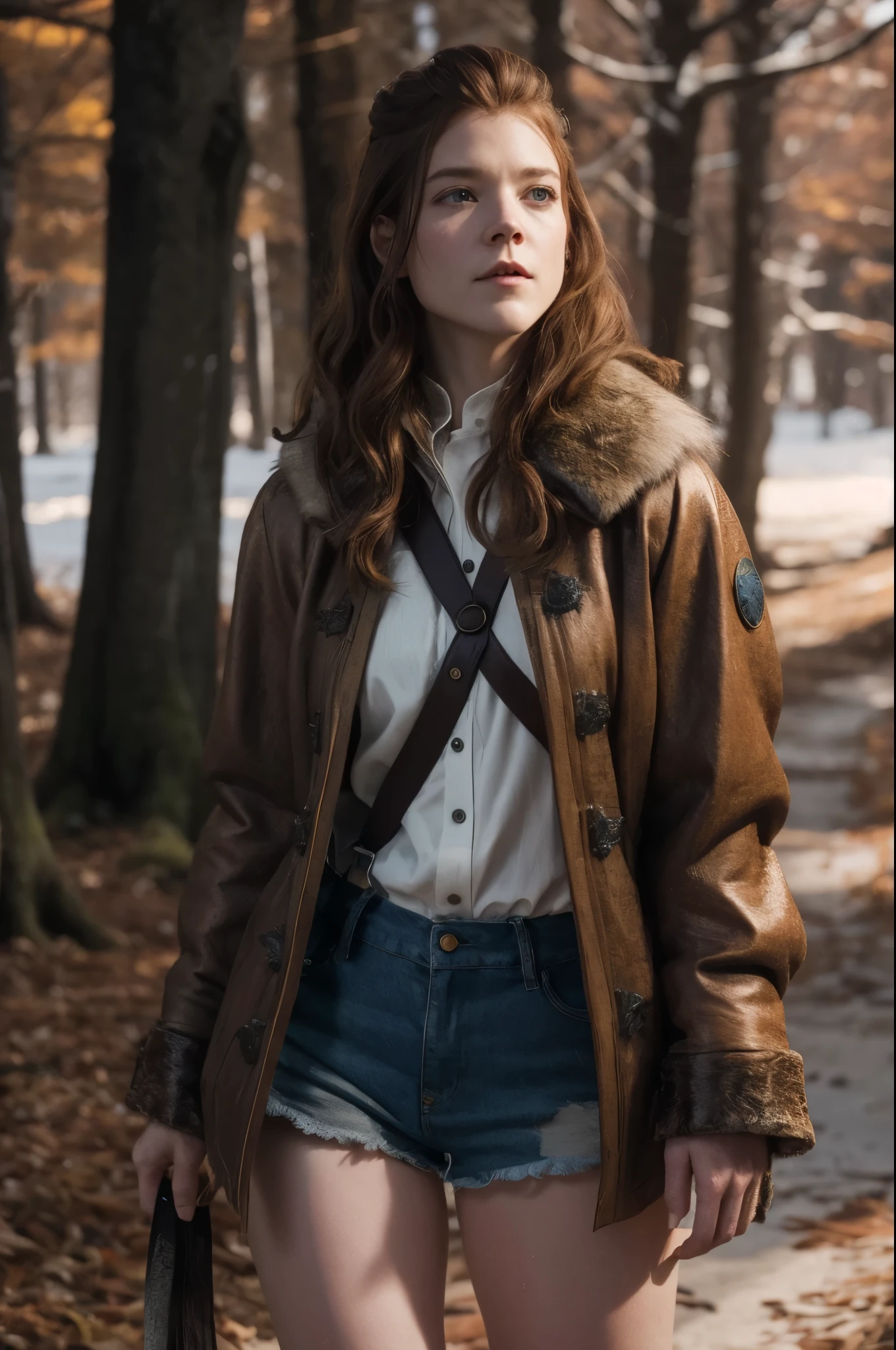 Roseleslie,a woman wearing medieval fur shirt with buttons and denim shorts, floresta de outono, neve, (Hora dourada:0.5) 