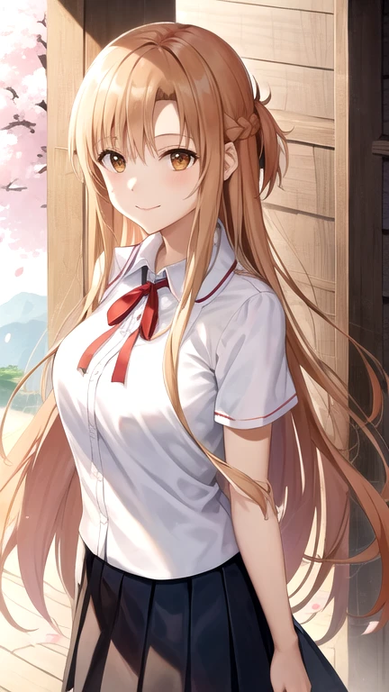 Yuuki Asuna,long hair, brown hair, braid, brown eyes,large breasts,,white shirt,short sleeves,pleated skirt,black skirt,red ribbon, neck ribbon,cowboy shot,standing,smile,closed mouth,outdoors,cherry blossoms,lower body,   