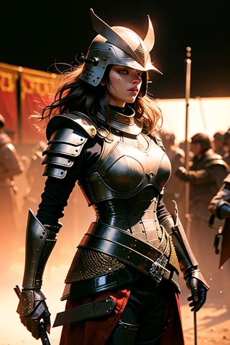 A mujer guerrera clad in armory, Meticulosamente elaborado a partir del intrincado exoesqueleto., showing finely detailed echoes...