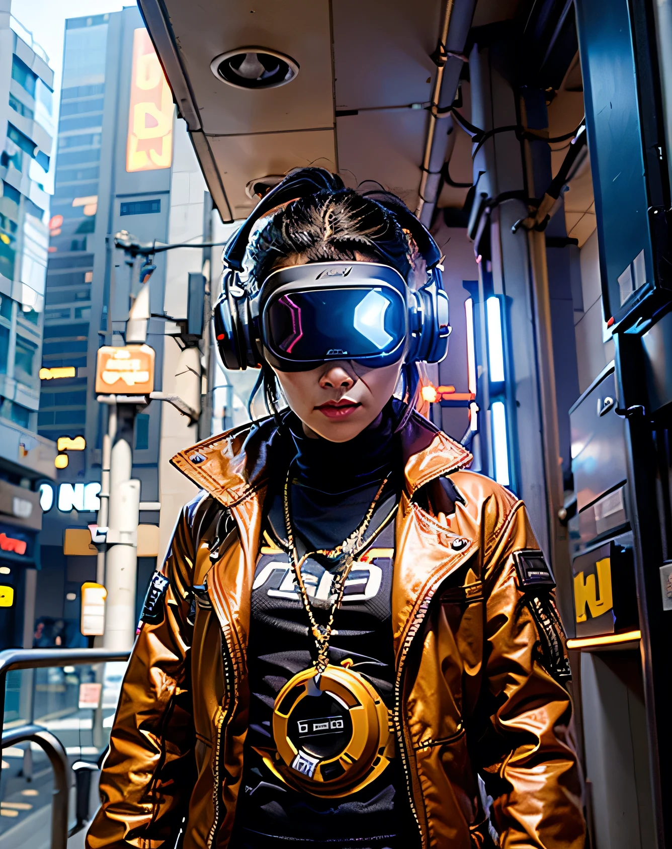 há uma pessoa vestida com um traje espacial laranja, fones de ouvido ciberpunk, atmosfera ciberpunks, usando realidad virtual, atmosfera ciberpunk, como uma oficina cyberpunk, Usando un visor de realidad virtual, Fone de ouvido de realidade virtual, estilo cyberpunk hiper-realista, Usando un visor de realidad virtual, imersivo, Cocar Cyberpunk, cena ciberpunk, motor de metaverso de realidad virtual, mais fundo no metaverso vamos