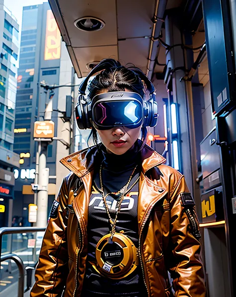 hay una persona vestida con un traje espacial naranja, auriculares ciberpunk, ambiente ciberpunks, usando realidad virtual, ambi...