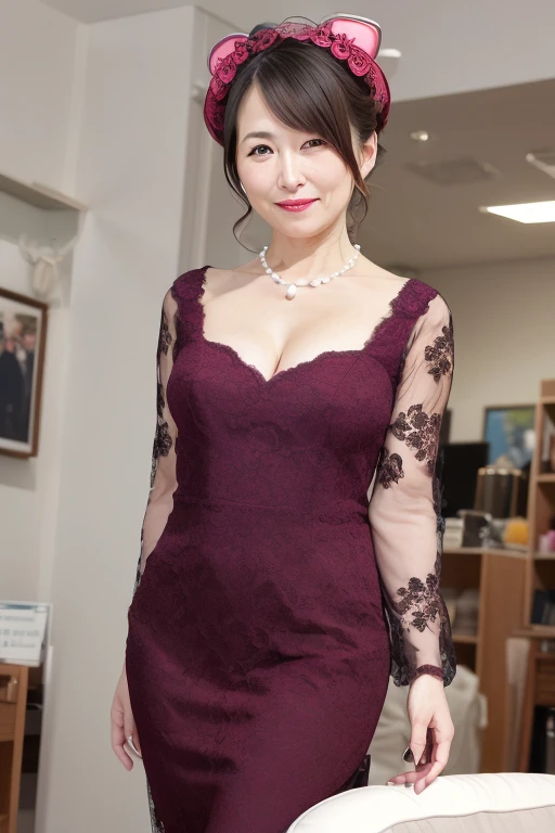 Elegant mature Japanese woman, 55 years old, Slender body, Classy woman, Highly detailed face, Beautiful Lips, Highly detailed face, Long eyelashes, Slim figure, Lolita Dress, ((whole body)), sexy, glamorous, Cat ear, Pearl Necklace, Red lipstick, Charismatic, Cute pose, photo shoot