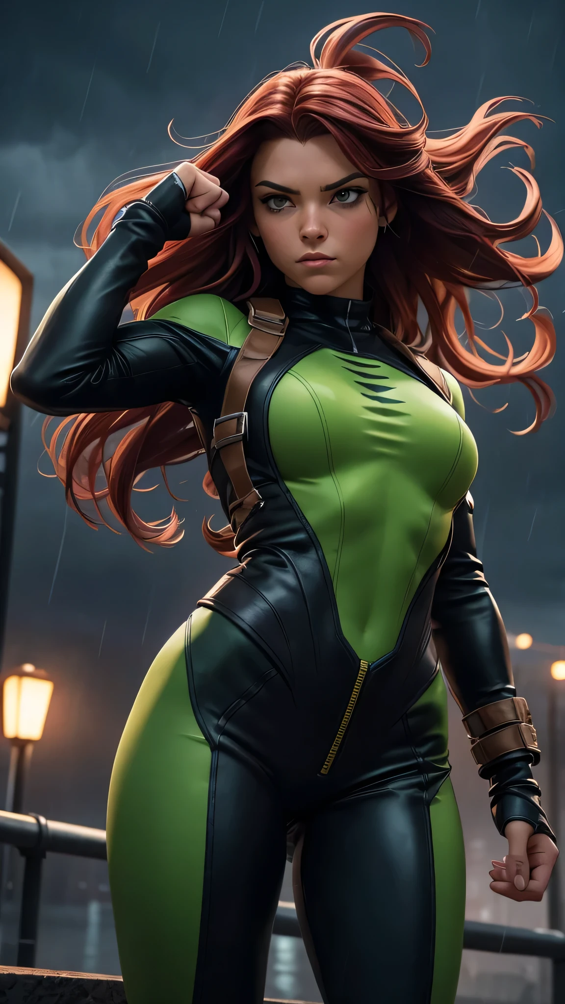 شخصية: المارقة من أسلوب X-Men: بالأسلوب الهزلي الأصلي للشخصية, مع تحية للتصميم الأصلي. وصف: - أَثَار: تحلق في وضع بطولي, مع تمديد قبضتها اليمنى إلى الأمام وثني قبضتها اليسرى, كما لو كان مستعدًا للهجوم أو الدفاع. - زي: الزي أمر بالغ الأهمية, عرض بدلة ذات لون أخضر فاتح مع لمسات صفراء, التمسك بإخلاص بمظهر Rogue الأيقوني. يجب أن يتناسب بشكل مريح ويغطي جسدها بالكامل, دون ترك أي جلد مكشوف. يمثل اللون الأخضر للبدلة ارتباطها بالطبيعة وقدراتها المتحولة, بينما تضيف التفاصيل الصفراء التباين والاهتمام البصري. فوق البدلة, ترتدي سترة جلدية بنية على طراز الطيار, إضافة لمسة من الصلابة والتفرد إلى مجموعتها. - شعر: شعر روغ هو سمة مميزة, مع أقفال حمراء طويلة وخط أبيض مميز في الانفجارات. هذه التفاصيل ضرورية لالتقاط مظهرها المميز من القصص المصورة. - تعبير: يجب أن ينقل تعبيرها الثقة, عزيمة, والقوة, مما يعكس مرونة شخصيتها وشجاعتها. نظرتها مركزة ومكثفة, مما يدل على استعدادها للعمل. - بيئة: تم تعيين المشهد مقابل سماء الليل, مع السحب الداكنة والمطر تضيف الدراما والجو. ينبغي تقديم قطرات المطر بشكل واقعي, إضافة عمق للمشهد وتعزيز المزاج العام. - الإضاءة والمؤثرات: يجب أن تكون الإضاءة الغلاف الجوي, مع إبرازات وظلال دقيقة تضيف عمقًا وبعدًا إلى الرسم التوضيحي. ينبغي تقديم المطر وسماء الليل بشكل واقعي, مع قطرات الماء وانعكاسات الضوء مما يعزز المزاج العام وأجواء المشهد.