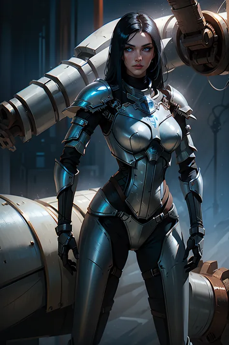 ((rusty white armor with hoses and gears, metal mesh )) tall slim woman with blue eyes long black hair white skin tall stature u...