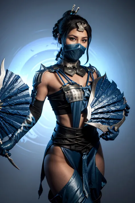 arafed woman in a blue costume holding a blue fan, kitana from mortal kombat, mk ninja, blue and ice silver color armor, wieldin...