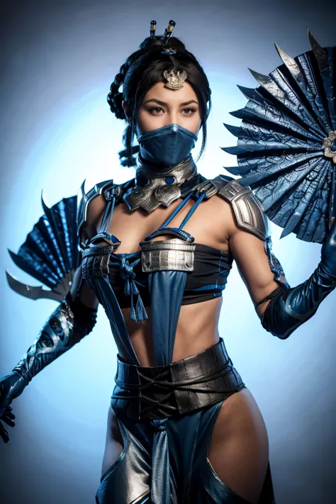 arafed woman in a blue costume holding a blue fan, kitana from mortal kombat, mk ninja, blue and ice silver color armor, wieldin...