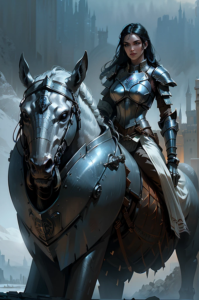 medieval armor, resplendent armor ((Rusty white armor with hoses and gears, metal mesh )) tall slim woman with blue eyes long black hair white skin tall stature upturned nose thin face, medieval armor with glowing white futuristic breastplate, full body armor combined with biomechanical parts, holding a dirty futuristic white sword with sci-fi details, (((medieval castles background)))