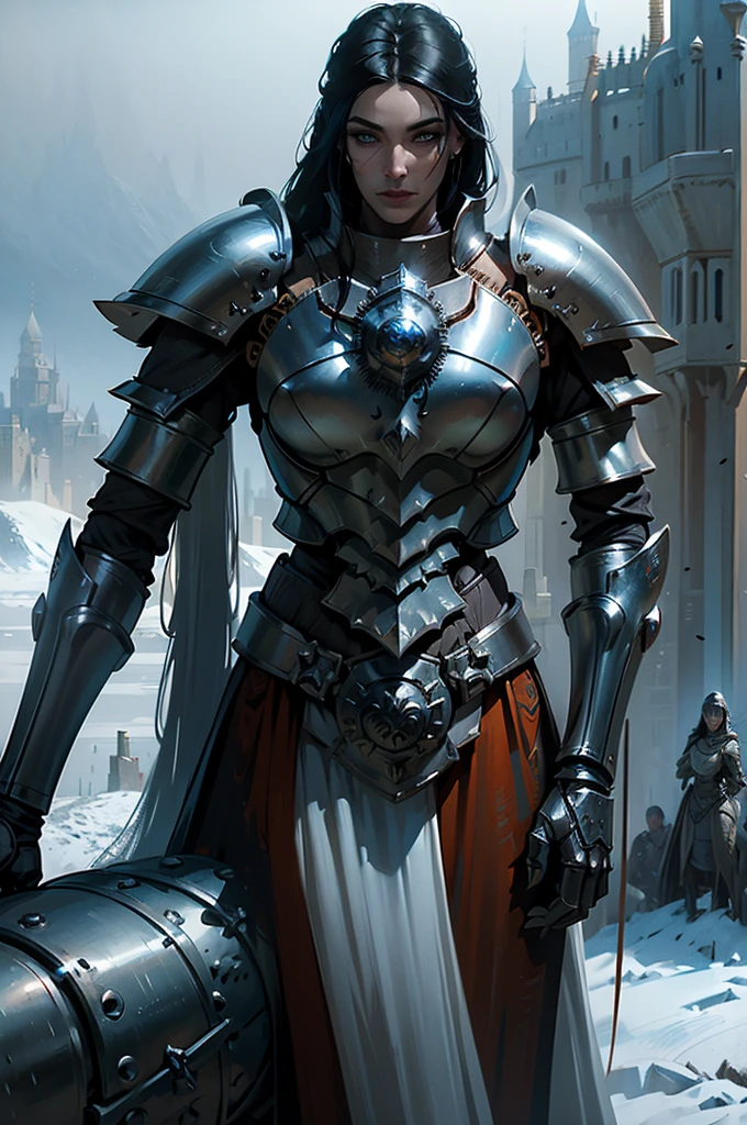 medieval armor, resplendent armor ((Rusty white armor with hoses and gears, metal mesh )) tall slim woman with blue eyes long black hair white skin tall stature upturned nose thin face, medieval armor with glowing white futuristic breastplate, full body armor combined with biomechanical parts, holding a dirty futuristic white sword with sci-fi details, (((medieval castles background)))