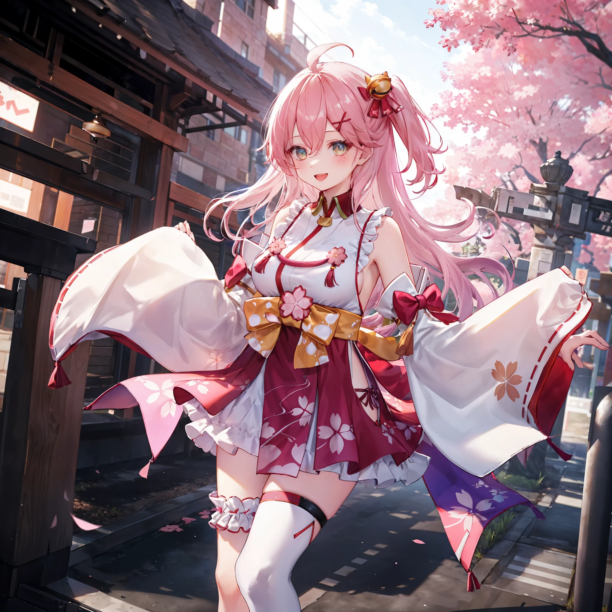 masterpiece, best quality, highres, miko1, sakura_miko, 1girl, big_boobs, solo, ahoge, x_hair_ornament, pink_hair, floral print, hairclip,(side_less_clothes:1.5), (side_boobs:1.5), hair_bell, floral print, long_hair, hair between eyes, one side up, white thighhighs, asymmetrical legwear, wide sleeves, open_mouth,(happy:1.3),gleen_eyes,big_smile,(rise_leg:1.3),plump,apart_legs,(overly_long_sleeves:1.3),),sleeves_past_wrists,hands_hidden_sleeves,sidelock_clothes,dynamic_posing,solo,hidden_wrists,(XD:1.4),covered_nipples,sunlight,cherryblossom_background,