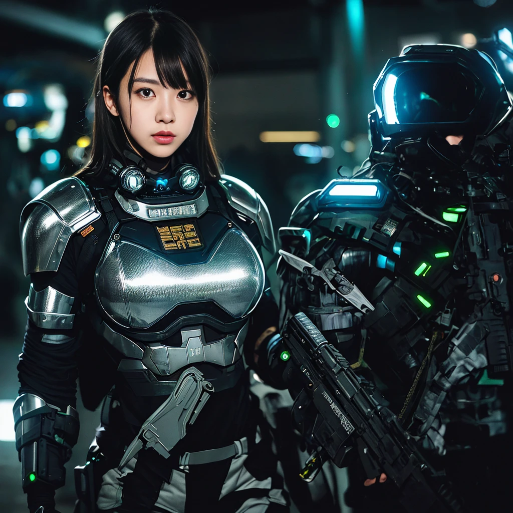 a detailed full body portrait of a woman wearing a tight combat suit, intricate futuristic cyberpunk armor, shiny metallic textures, hyper detailed, ultra realistic, cinematic lighting, dramatic pose, complex machinery and technological elements, glowing accents, depth of field, vibrant neon colors