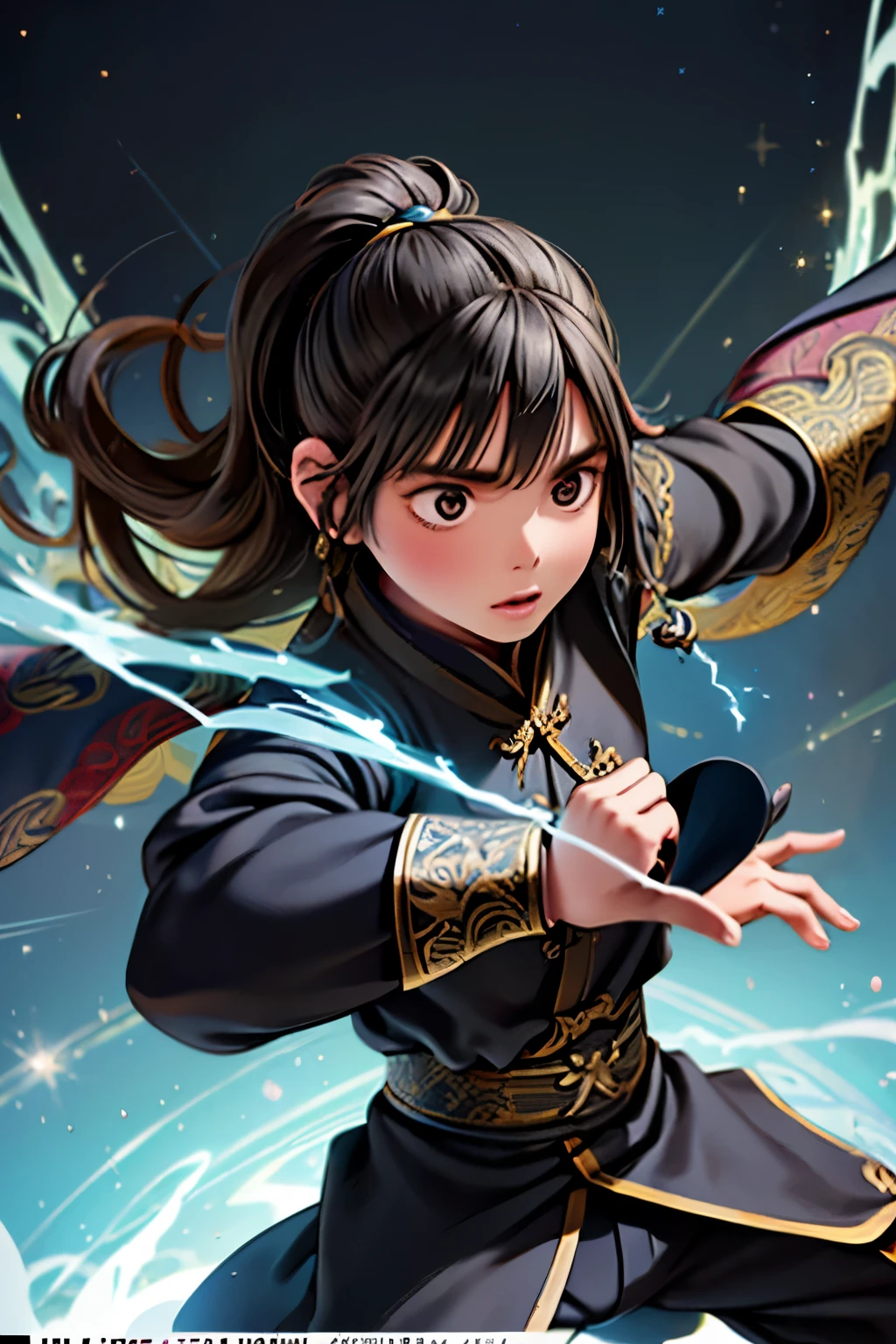 It is an elaborate and intricate fantasy portrait depicting a stout and determined seventeen-year-old man with an aura, a huge bright blue light behind him, bright black hair, dragons and phoenixes flying, golden light, Chinese martial arts style.