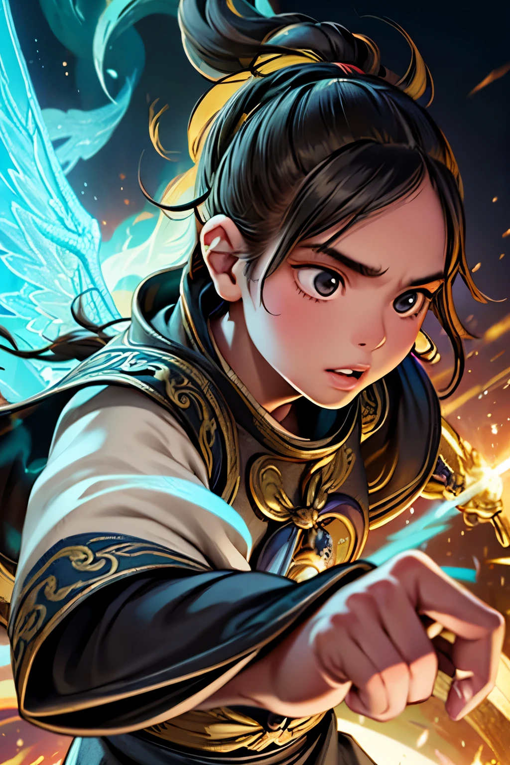 It is an elaborate and intricate fantasy portrait depicting a stout and determined seventeen-year-old man with an aura, a huge bright blue light behind him, bright black hair, dragons and phoenixes flying, golden light, Chinese martial arts style.