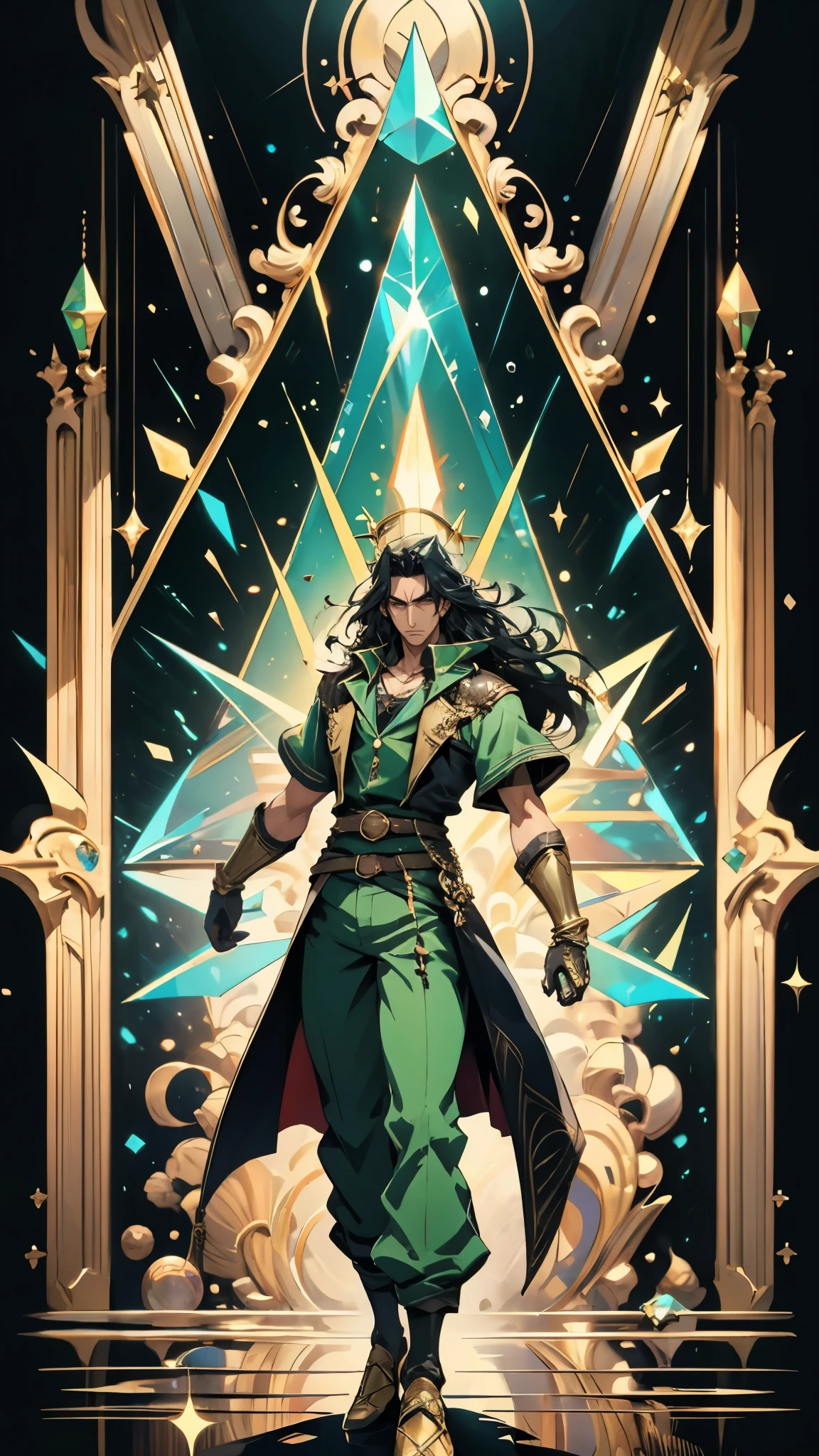 A middle-aged man with long black hair, a metal forehead protector, large triangular eyes, square stubble, a long face, a dignified expression, a tall physique, a luxurious fantasy-style coat adorned with golden patterns and a green crystal in the center, wide short sleeves, metal wrist guards, two-tone linen trousers, thick cloth shoes, the backdrop of a completely black fantasy-style fortress, this character embodies a finely crafted fantasy-style overlord in anime style, exquisite and mature manga art style, dramatic, high definition, best quality, highres, ultra-detailed, ultra-fine painting, extremely delicate, professional, perfect body proportions, golden ratio, anatomically correct, symmetrical face, extremely detailed eyes and face, high quality eyes, creativity, RAW photo, UHD, 32k, Natural light, cinematic lighting, masterpiece-anatomy-perfect, masterpiece:1.5