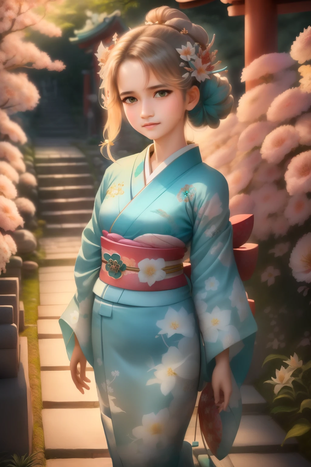 1girl, solo, from above, (white lily flowers), aesthetic, intricate, best quality, detailed background, Sayaka Miki, ((girl wearing a patterned teal kimono:1.2)), (walking in zen garden),  casual pose, detailed textures, posing, floral print, hair flower, hair ornament, japanese clothes, kimono, obi, outdoors, pagoda, petals, (teal kimono), sash, shrine, sky, stone stairs, torii, wide sleeves, yukata 