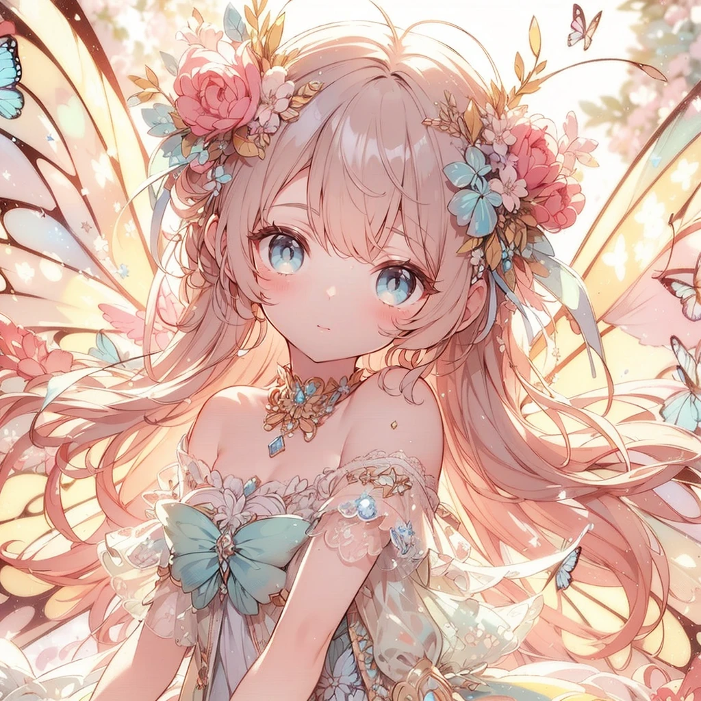 (Exquisite, beautiful, Very detailed, masterpiece, high resolution,high quality,High resolution),(Well-formed face,Soft and thin lines,Moonlit Night,Beautiful and delicate pastel color illustrations that are mature and transparent, Pixiv-inspired anime illustration,Cute pastel-colored girl-style illustrations that are going viral among Japanese people on Twitter), On a night lit by the beautiful Big Moon, a fairy princess with a clear, delicate, beautiful well-formed face and butterfly-like wings is standing sideways happily under the dark moonlit sky., A beautiful moon and stars are shining in the vivid starry night,From a little distance,Tiara, star earrings, star necklace and bracelet), ((A gorgeous ball gown dress with lots of frills and a moon motif., Balloon sleeves, Jewels, ribbons, lace and frills, Butterfly-like fairy wings growing from her back)), (Adorable,A shy smile,Pale pink blush, Plump pink lips,Beautiful and clear eyes,Large Bust, Fair skin, Good style),Starry sky texture,Vibrant pastel colors,Dreamy and cute fantasy world,Whole body,Colored pencil art,Big Moon