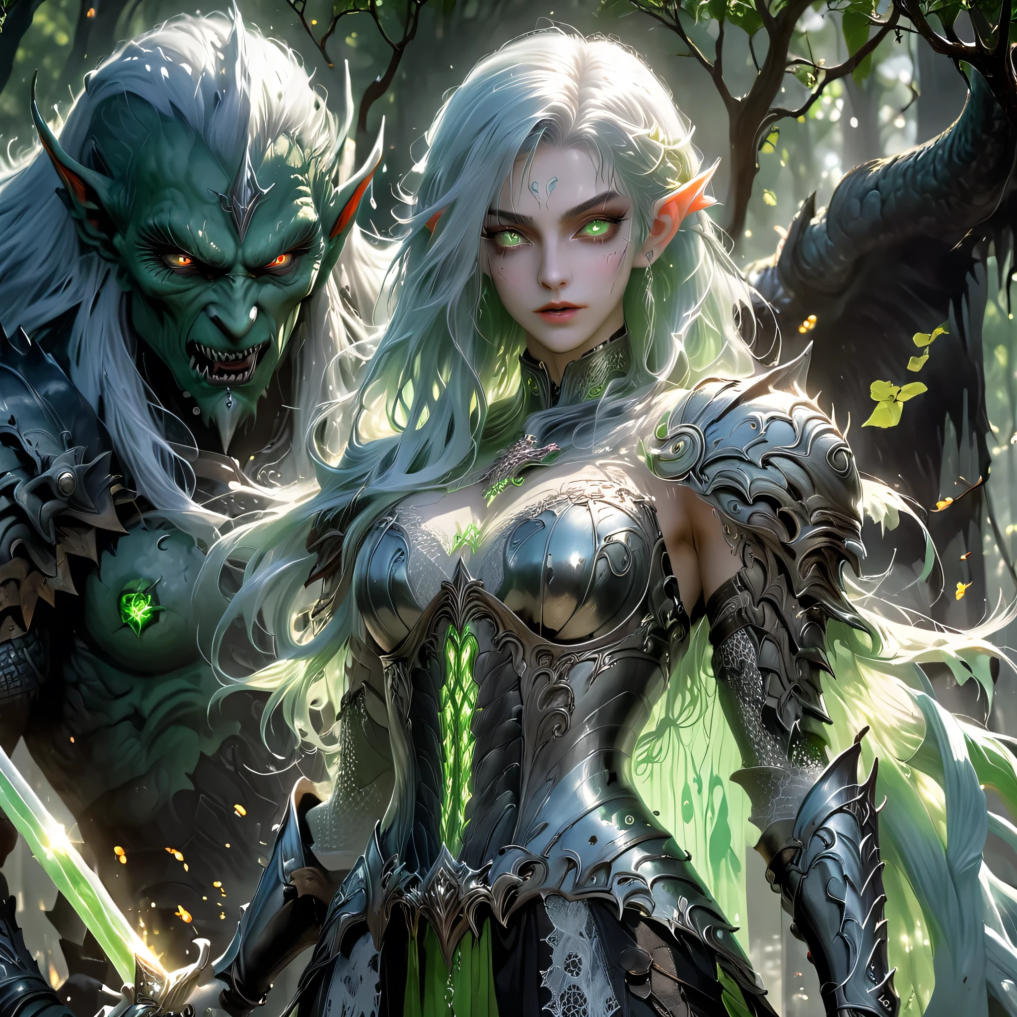 a tall muscular elf girl with silver hair, a tall muscular elf girl with light green hair, medieval RPG style armor with lace and silk, divine beauty, glowing eyes, delicate beauty, war and monster scene, horror