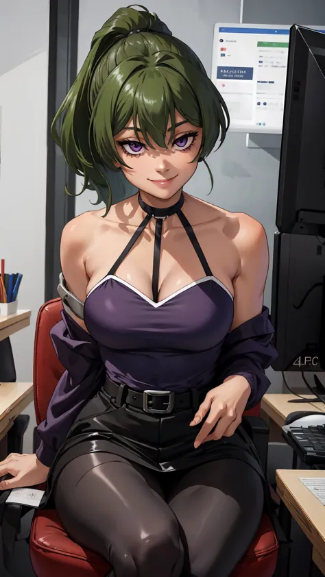 bad, (best quality:1.3), (4k quality), ((detailed face)),((smile)), ((skinny body)), green hairs, (beautiful breasts), ponytail ...