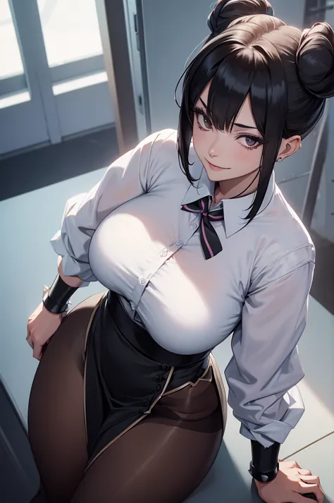 juri han, work of art, tight white secretary shirt with black tie, black high waist skirt, short skirt, black hair, black tights...