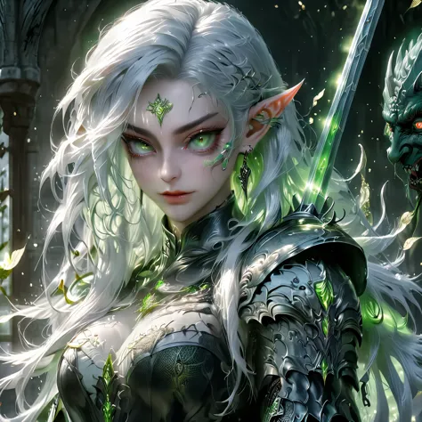 a tall muscular elf girl with silver hair, a tall muscular elf girl with light green hair, medieval rpg style armor with lace an...