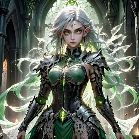 a tall muscular elf girl with silver hair, a tall muscular elf girl with light green hair, medieval rpg style armor with lace an...